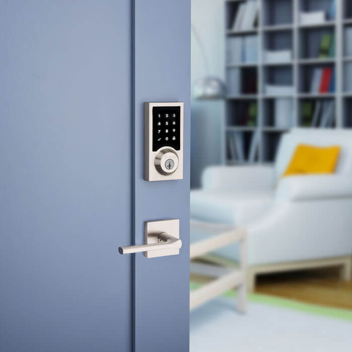 open door with keypad lock at home